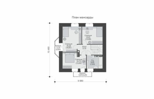 Одноэтажный жилой дом с мансардой, террасой и балконами